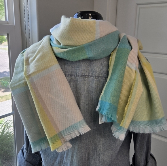 NWT BANANA REPUBLIC OVERSIZE BLANKET SCARF SHAWL WRAP CITRON BLUE PLAID WOMEN OS - Picture 4 of 15